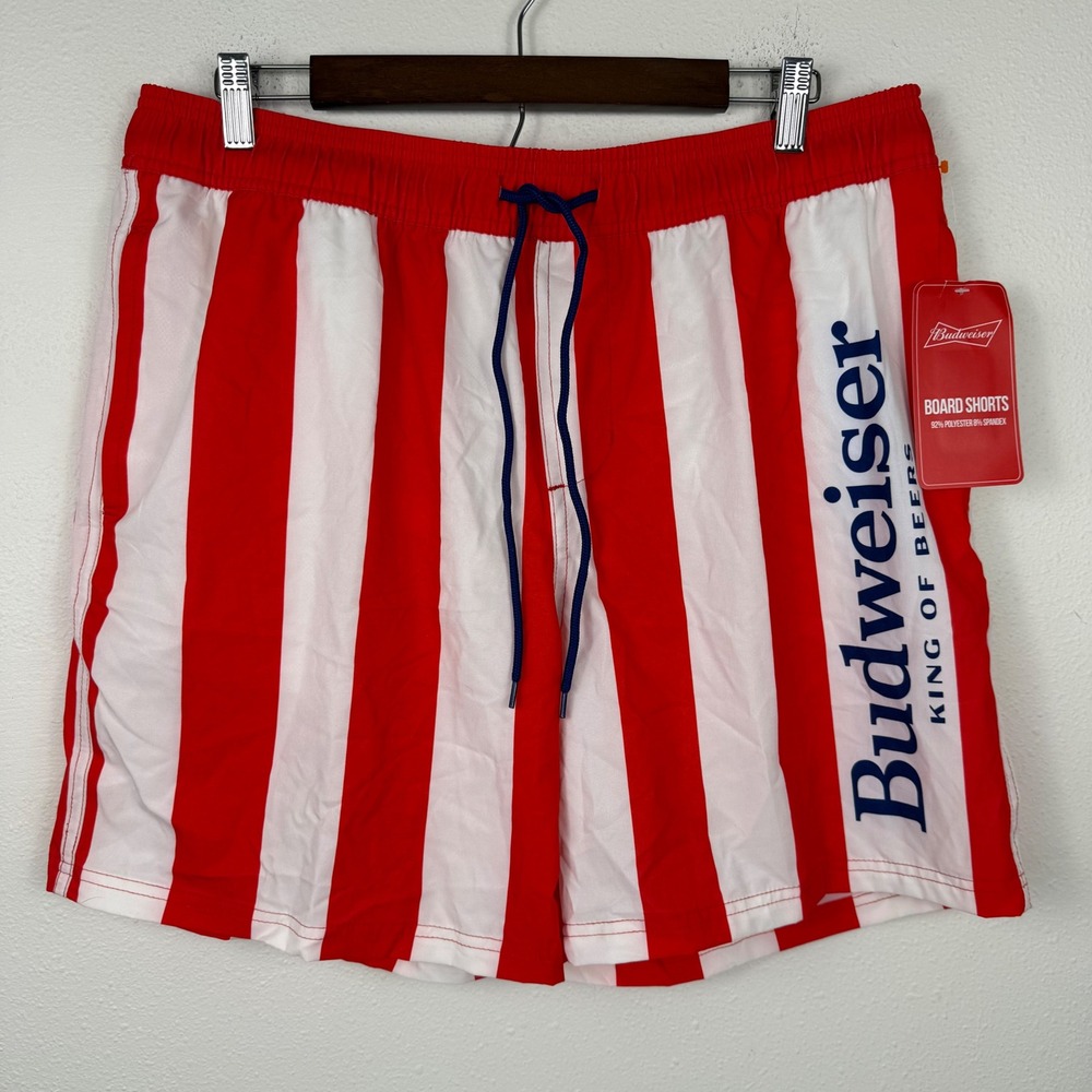Budweiser Mens King Stripe Board Shorts Red White Swim Trunks Large 36-38 NWT